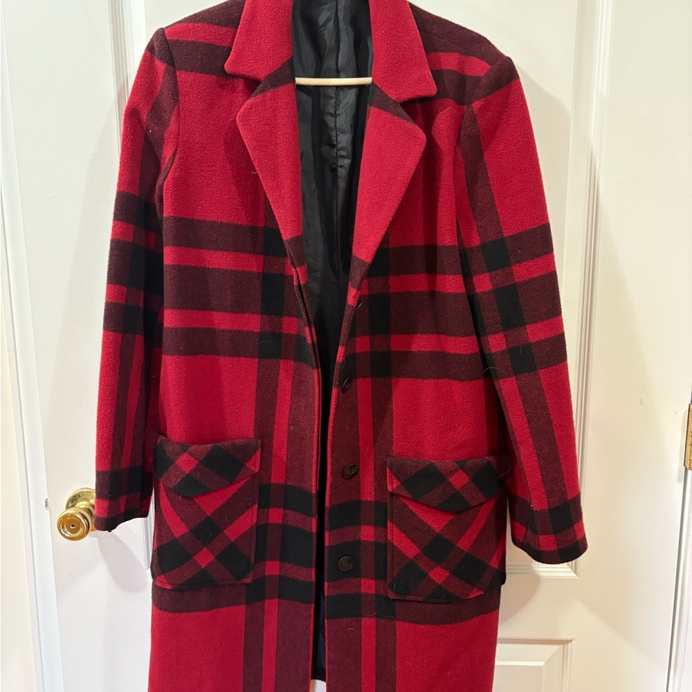 L.L. Bean Red and Black Plaid Pea Coat